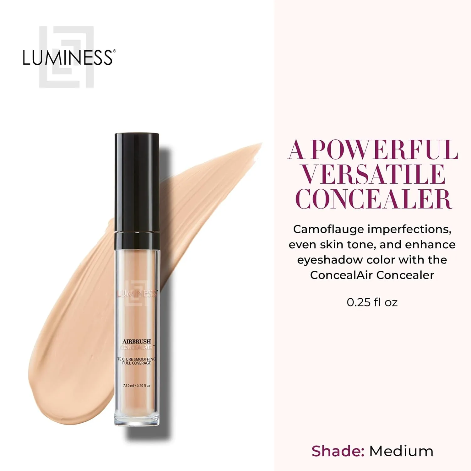LUMINESS Under Eye Concealer for Dark Circles, ConcealAir (Medium) - Weightless Coverage & Crease-Resistant Makeup Concealer to Even Out Skin Tones & Help Reduce Dark Spots & Blemishes - 0.25 fl oz