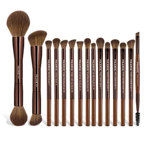 MAANGE 15 PCS Makeup Brushes Double-ended Makeup Brush Set Double Sided Angled/Round Top Brush Foundation Contour Blending Eyebrow Eyeshadow Concealer (Brown)