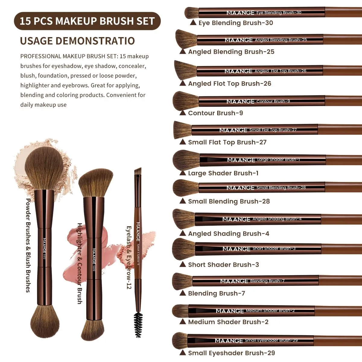 MAANGE 15 PCS Makeup Brushes Double-ended Makeup Brush Set Double Sided Angled/Round Top Brush Foundation Contour Blending Eyebrow Eyeshadow Concealer (Brown)