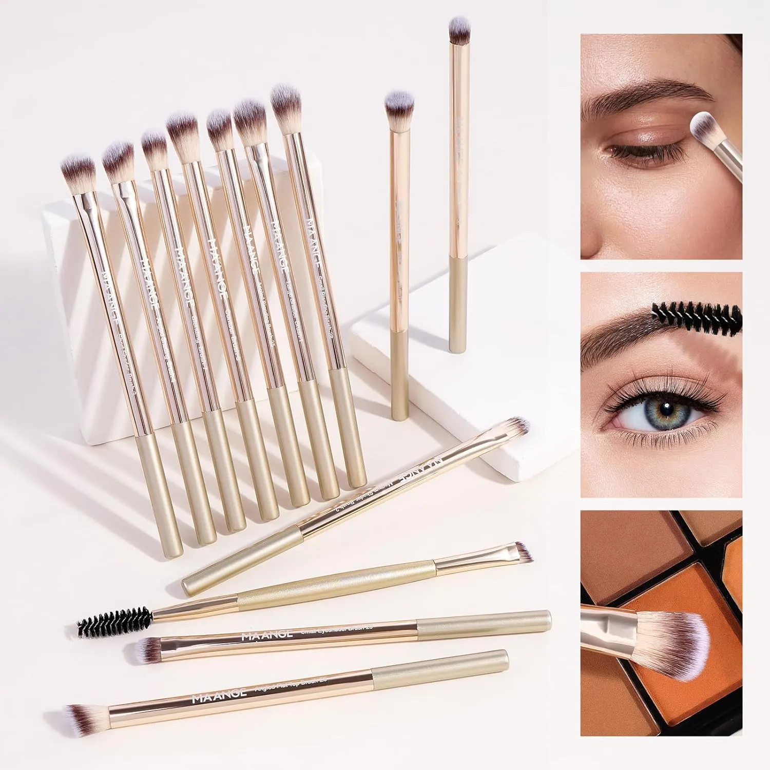 MAANGE 20 PCS Makeup Brush Set with Bag, Double-ended Kabuki Brush Foundation Contour Brush for Liquid Powder Concealer Eye Shadows Cream Cosmetics Blending Blush Face Makeup Tools with Case (Gold)