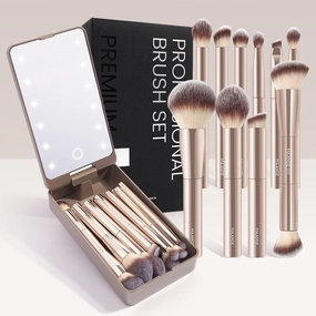 MAANGE 10 Pcs Makeup Brush Set Double-ended Kabuki Brush Travel Makeup Brushes for Foundation Powder Concealers Eye Shadows Makeup Tools Set with LED light Mirror (Gold)