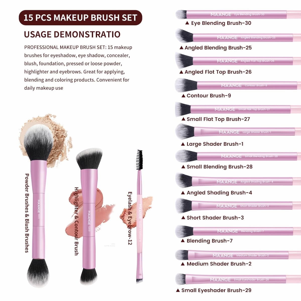 MAANGE 15 PCS Makeup Brushes Double-ended Makeup Brush Set Double Sided Angled/Round Top Brush Foundation Contour Blending Eyebrow Eyeshadow Concealer (Pink)