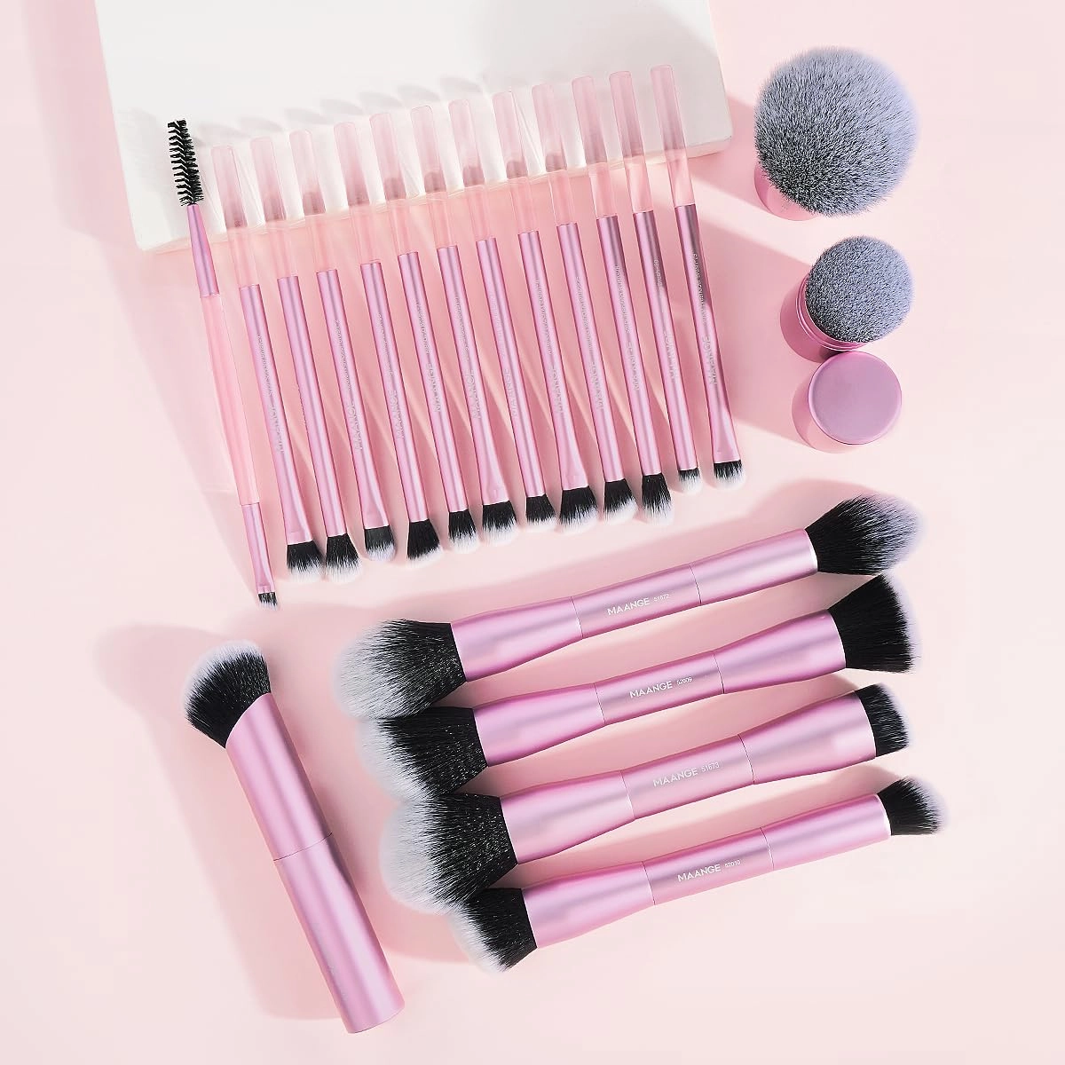 MAANGE 20 PCS Foundation Makeup Brush Set, Double-ended Kabuki Contour Brush for Liquid Powder Concealer Blending Blush Buffing Makeup Tools (Pink)