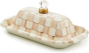 MACKENZIE-CHILDS Enamel Butter Box, Cute Lidded Enamel Butter Dish, Brown-and-White Mocha Check