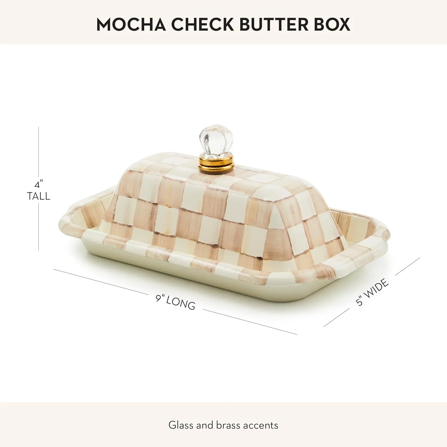 MACKENZIE-CHILDS Enamel Butter Box, Cute Lidded Enamel Butter Dish, Brown-and-White Mocha Check