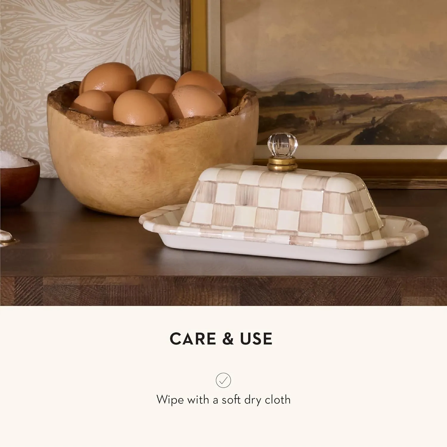 MACKENZIE-CHILDS Enamel Butter Box, Cute Lidded Enamel Butter Dish, Brown-and-White Mocha Check