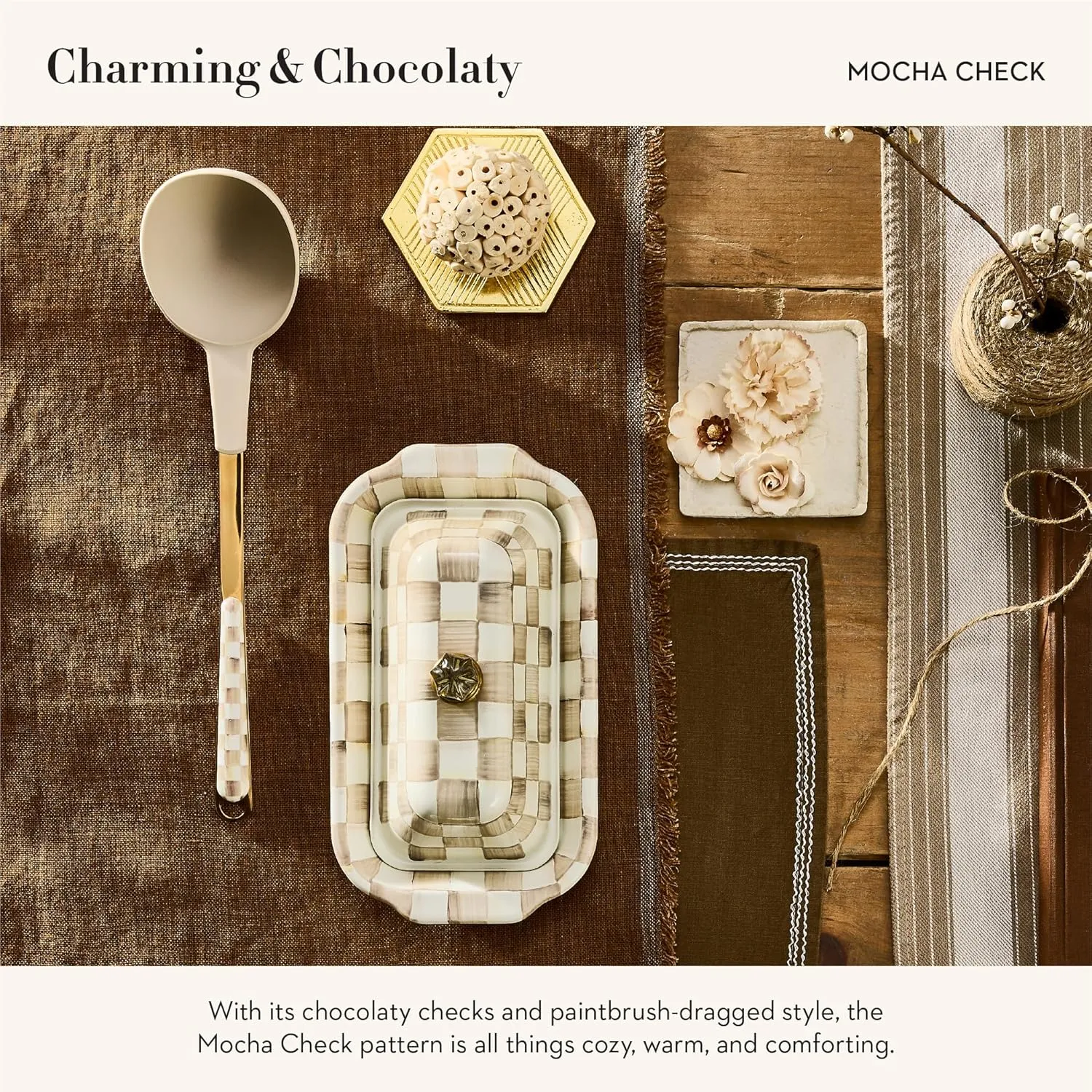 MACKENZIE-CHILDS Enamel Butter Box, Cute Lidded Enamel Butter Dish, Brown-and-White Mocha Check