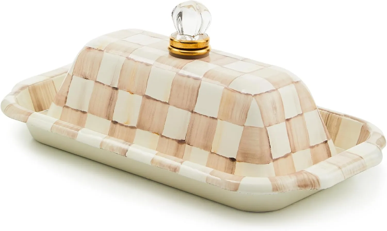 MACKENZIE-CHILDS Enamel Butter Box, Cute Lidded Enamel Butter Dish, Brown-and-White Mocha Check