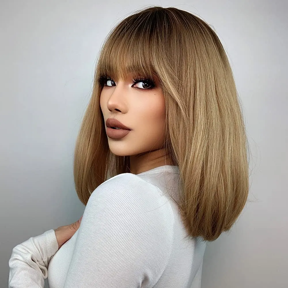 MAGQOO Brown Bob Wig - Dark Roots, Ash Blonde, Short Straight Synthetic Cosplay Party Wig