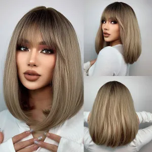 MAGQOO Brown Bob Wig - Dark Roots, Ash Blonde, Short Straight Synthetic Cosplay Party Wig