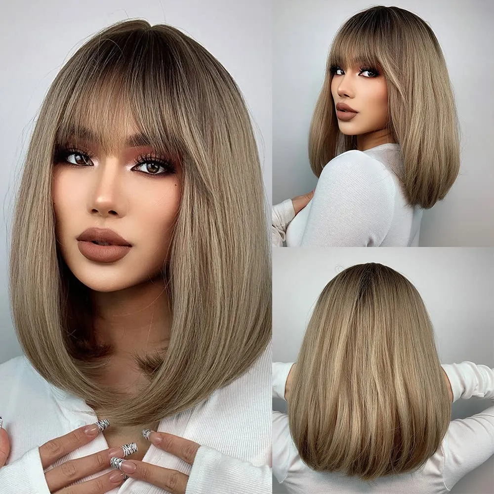 MAGQOO Brown Bob Wig - Dark Roots, Ash Blonde, Short Straight Synthetic Cosplay Party Wig