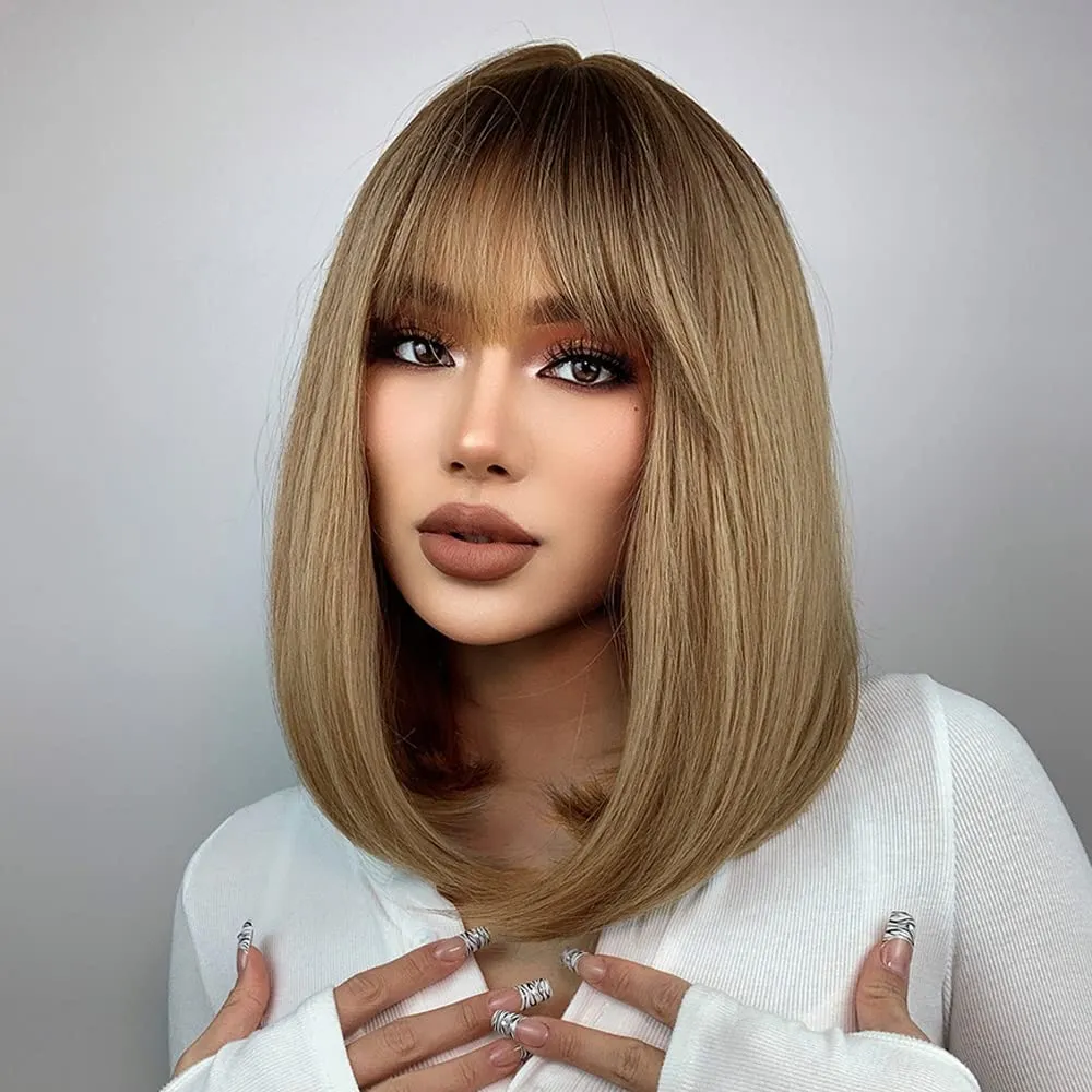 MAGQOO Brown Bob Wig - Dark Roots, Ash Blonde, Short Straight Synthetic Cosplay Party Wig