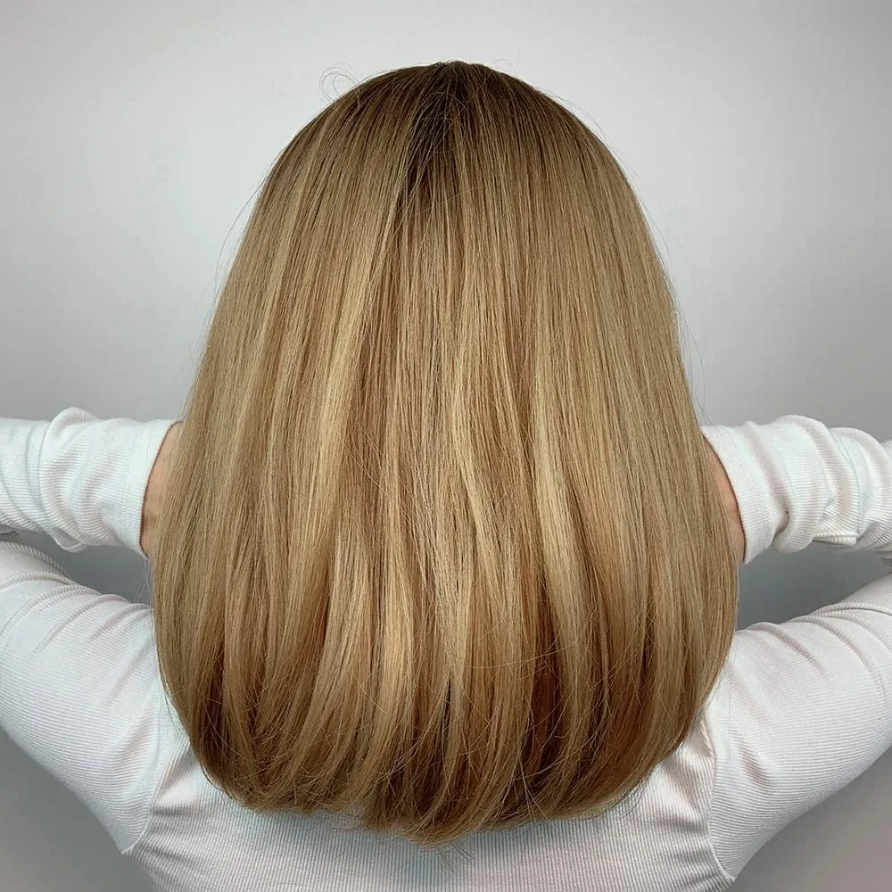 MAGQOO Brown Bob Wig - Dark Roots, Ash Blonde, Short Straight Synthetic Cosplay Party Wig