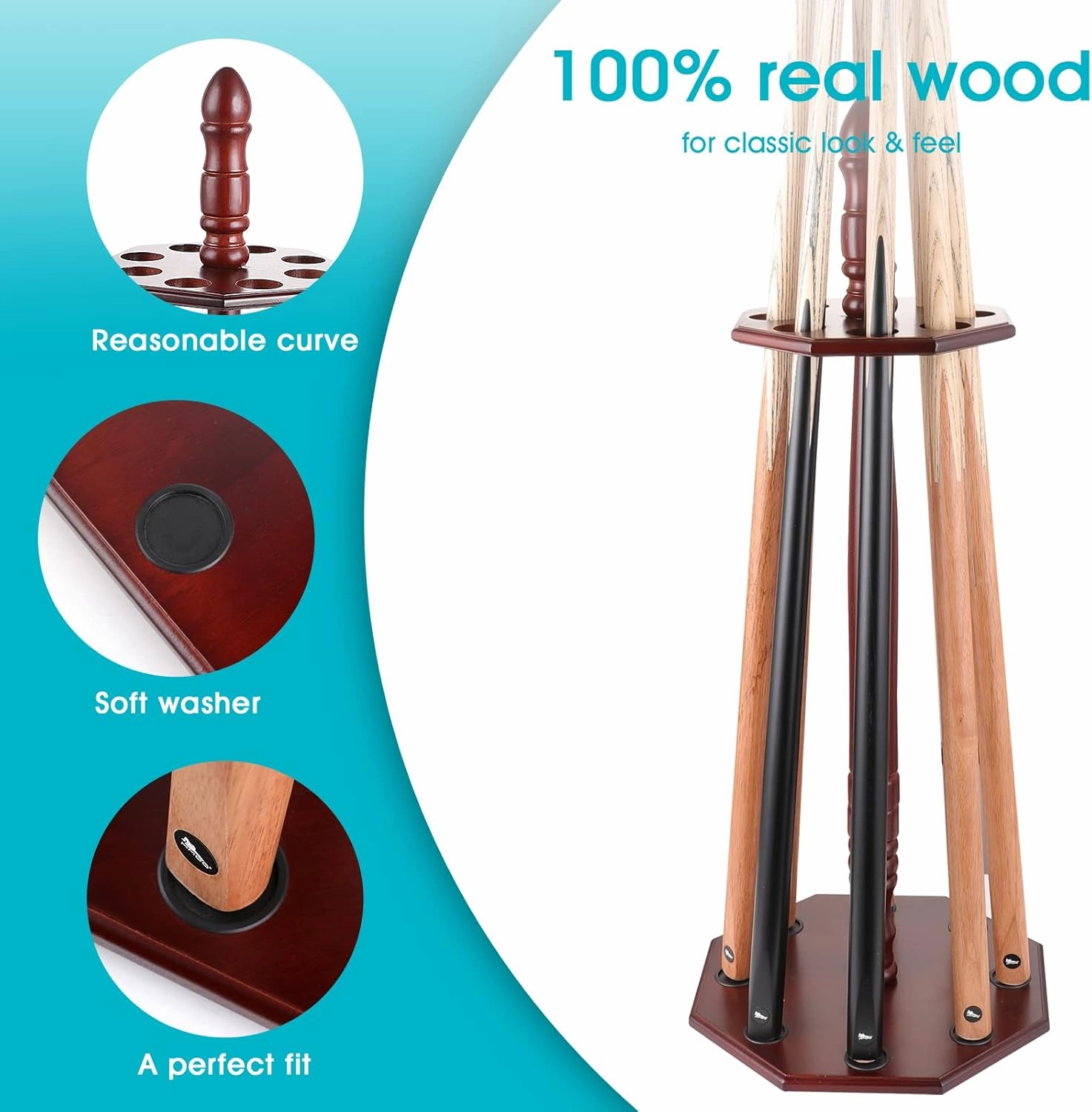 Mahogany Wood Octagonal Pool Cue Rack, Holds 8 Pieces, Floor Stand, Brown