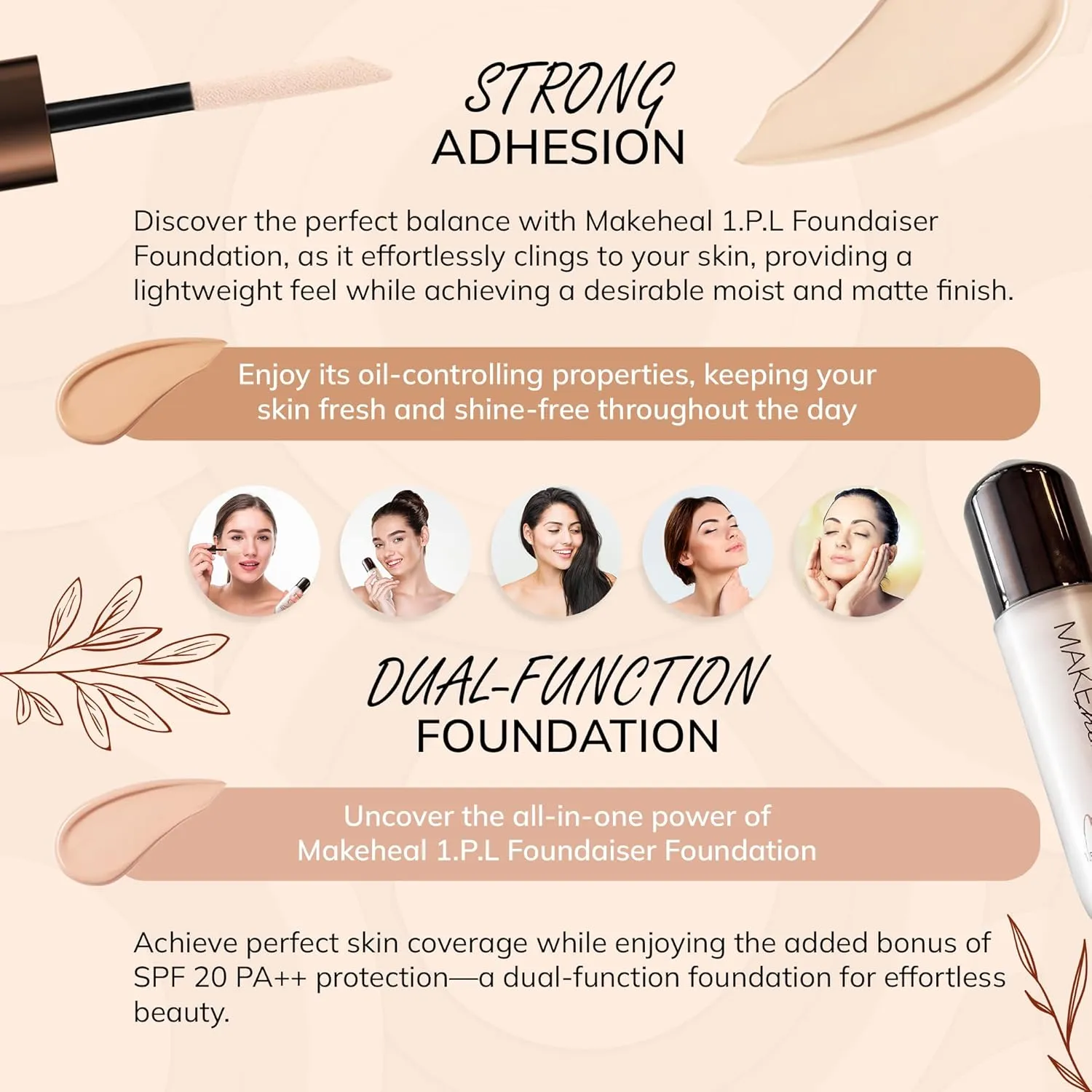[Makeheal] 1.P.L Foundaiser Foundation SPF 20 PA  , 24 Hours Power-Lasting Coverage, Large Wand Applicator, Dual-Function Foundation, Perfect Blemish Coverage (23N - Reve Light)