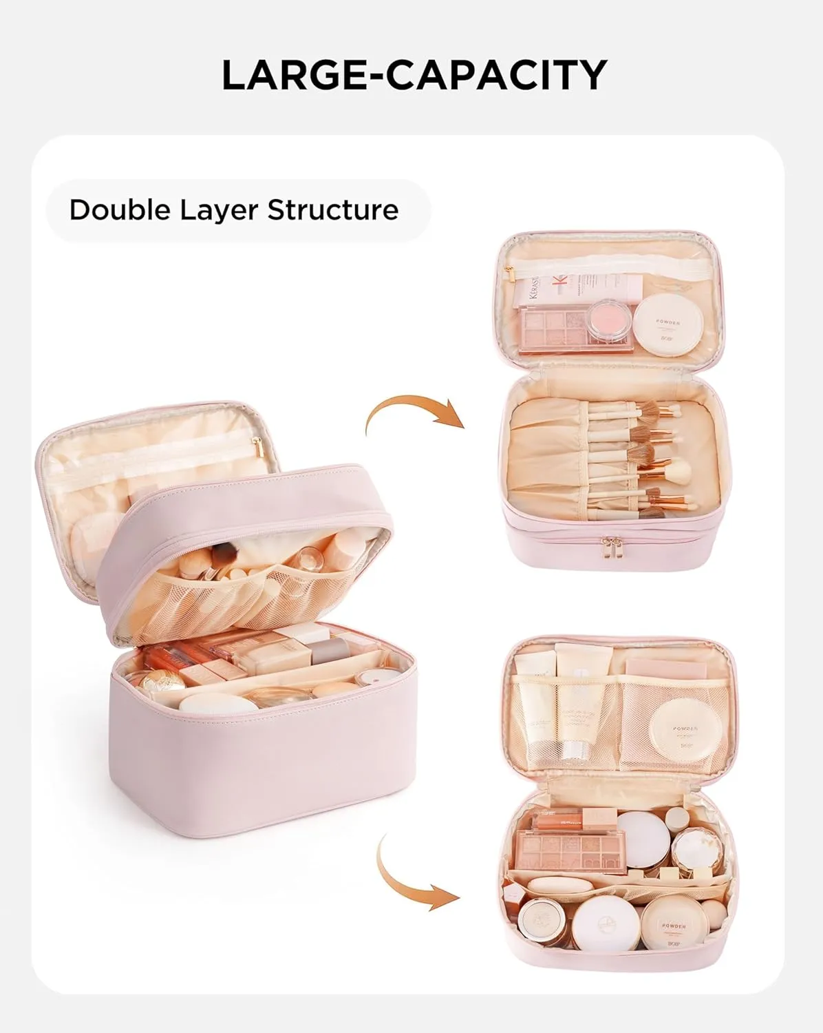 Makeup Bag for Women X-Large Travel Makeup Bag Organizer Portable Toiletry Bag Cute Makeup Bags Waterproof Leather Cosmetic Bag Makeup Case with Removable Dividers, Pink