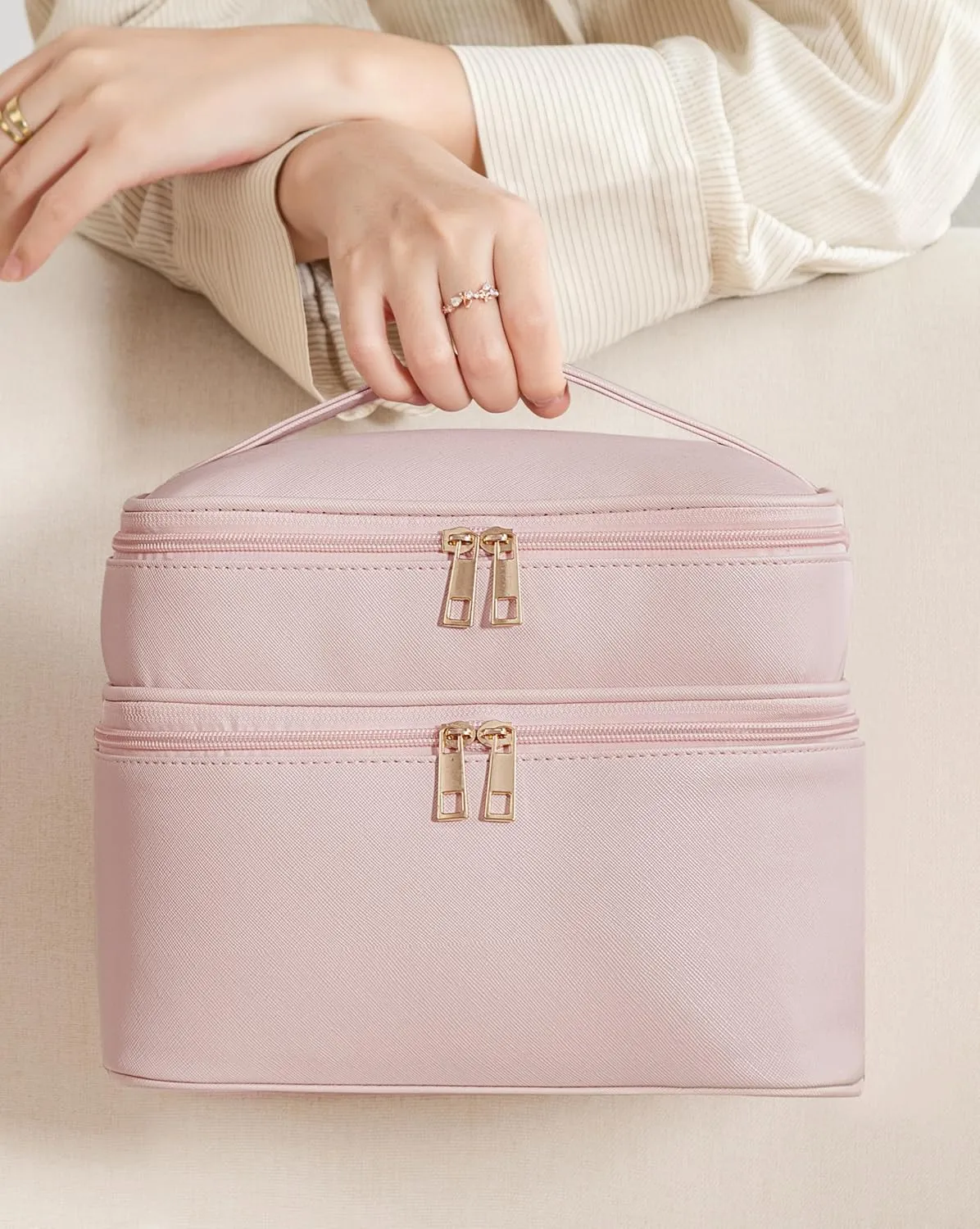 Makeup Bag for Women X-Large Travel Makeup Bag Organizer Portable Toiletry Bag Cute Makeup Bags Waterproof Leather Cosmetic Bag Makeup Case with Removable Dividers, Pink