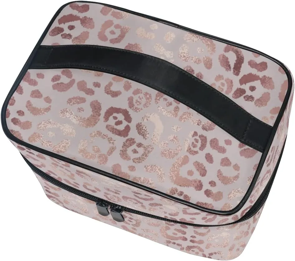 Makeup Bag, Rose Gold Leopard Travel Makeup Organizer Bag Cosmetic Cases Toiletry Bags for Girl Women Ladies