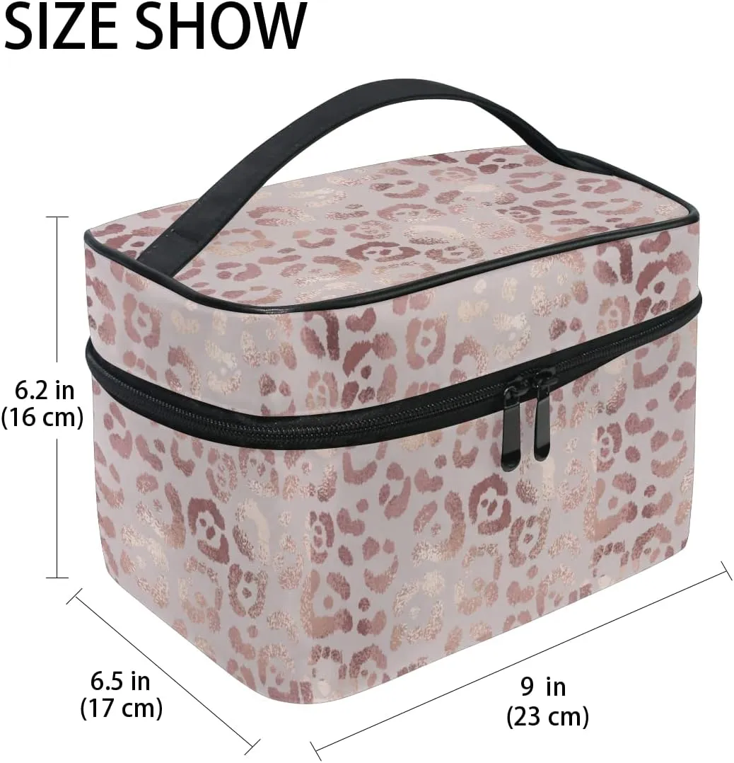 Makeup Bag, Rose Gold Leopard Travel Makeup Organizer Bag Cosmetic Cases Toiletry Bags for Girl Women Ladies