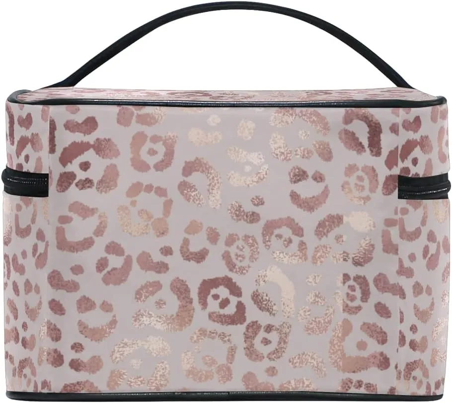 Makeup Bag, Rose Gold Leopard Travel Makeup Organizer Bag Cosmetic Cases Toiletry Bags for Girl Women Ladies
