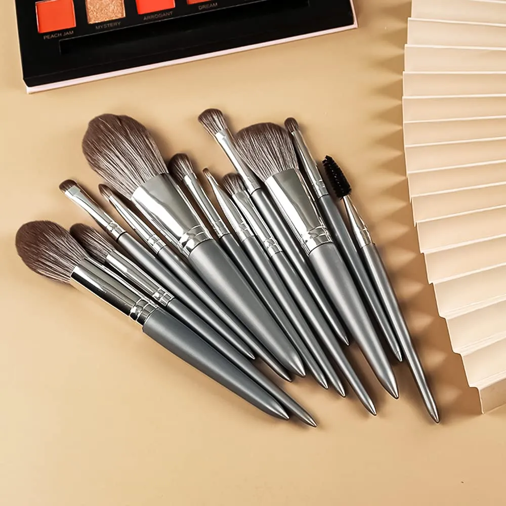 Makeup Brush Set 12pcs Premium Makeup Brushes, Advanced Professional Makeup Kit Eyeshadow Brush Kabuki Brush for Powder Foundation Cosmetic Brsuhes Set with Case Silver Gray