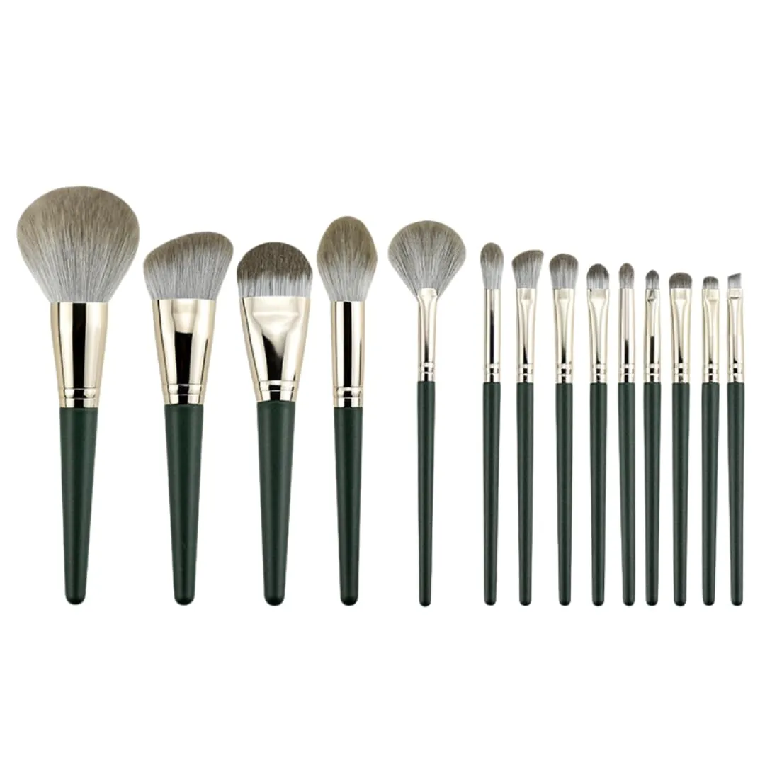 Makeup Brush Set, Elegance Defined: 14-Piece Dark Green Wood Handle Makeup Brush Set in Soft Green Leather Pouch