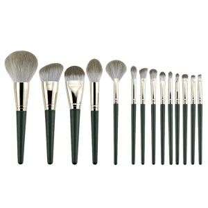 Makeup Brush Set, Elegance Defined: 14-Piece Dark Green Wood Handle Makeup Brush Set in Soft Green Leather Pouch