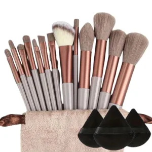 Makeup Brush Set Soft Fluffy Professional Kabuki Blending Foundation Powder Eyeshadow Cosmetic Brush with Makeup Sponge & Storage Bag (Brown With Bag 3 Powder Puff)