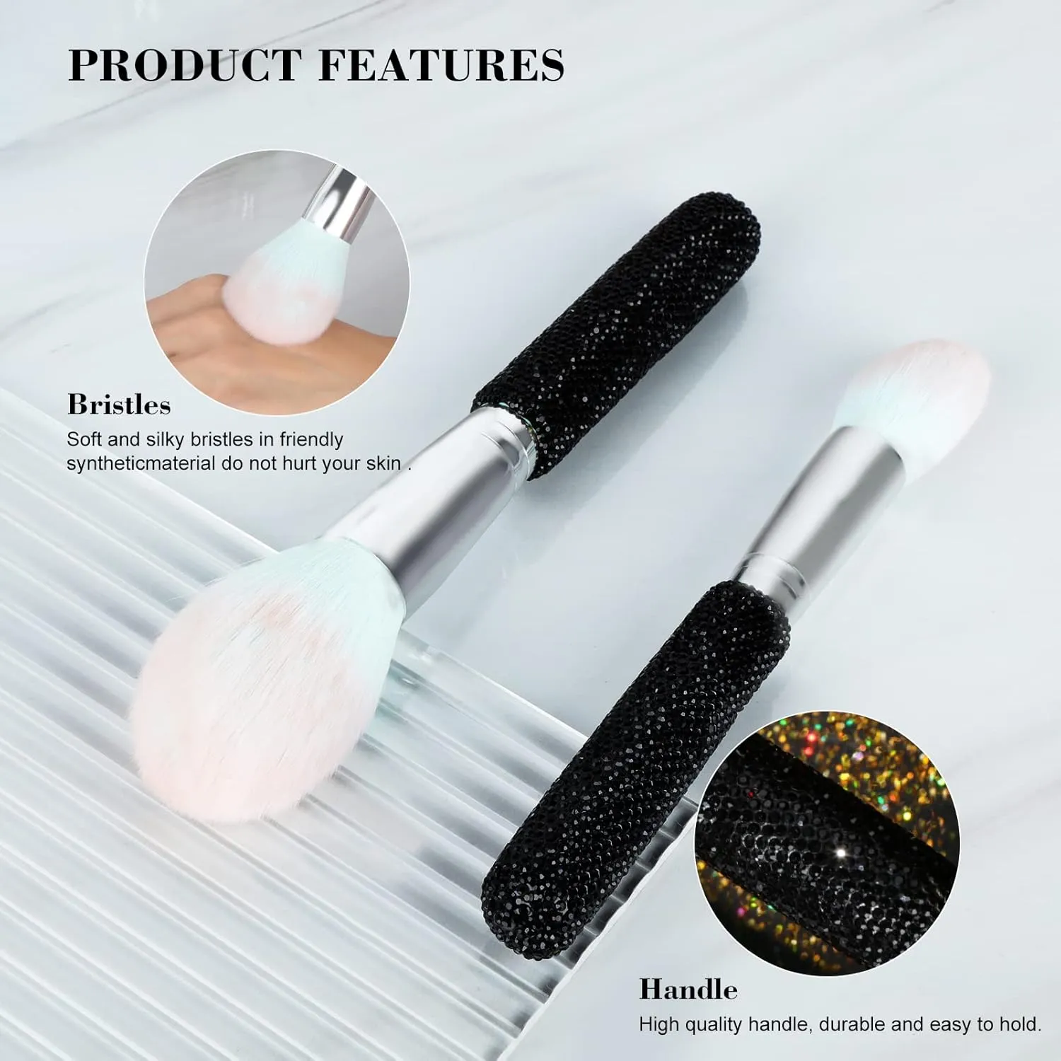 Makeup Brushes Bling Crystal Professional Face Cosmetics Blending Liquid Foundation Powder Concealer Eye Shadows Make Up Beauty Tool Glitter(12PCS) (Purely Handmade) (Black)
