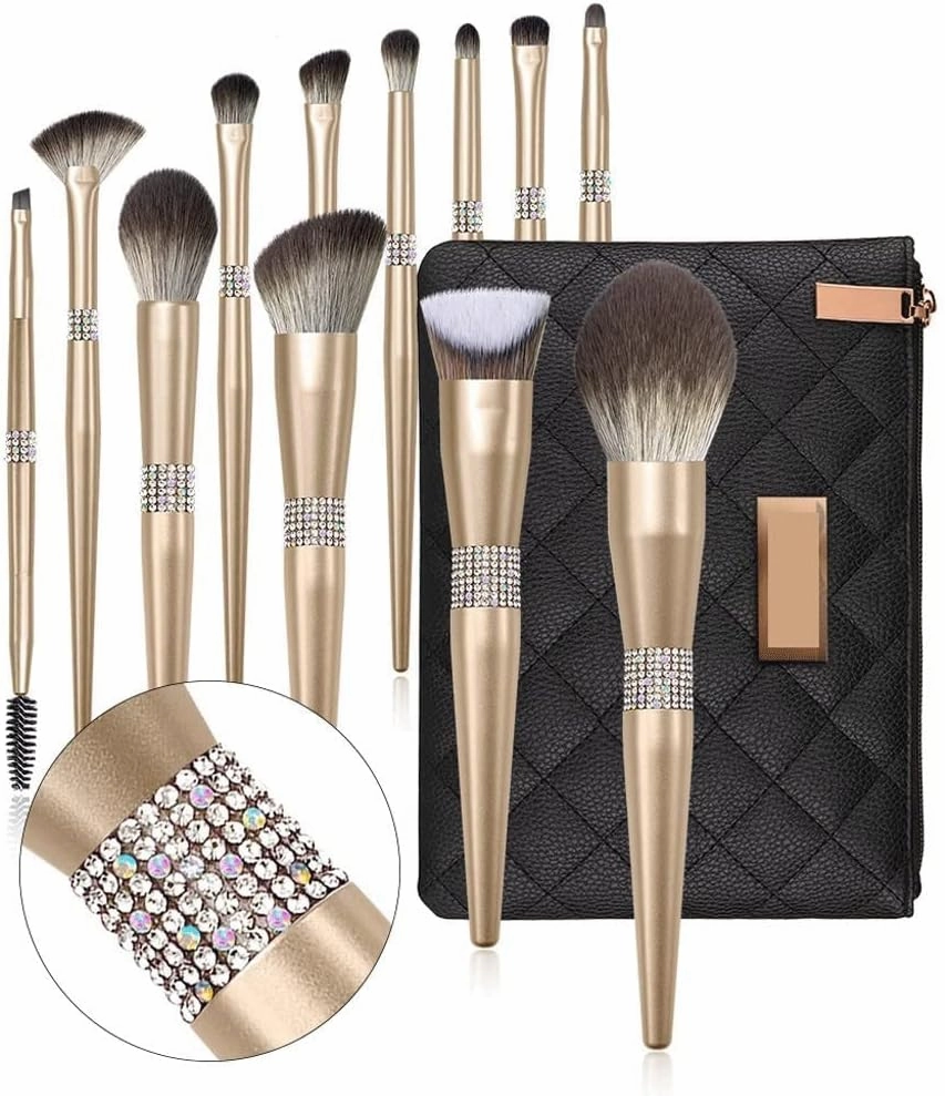 Makeup Brush Set with bag, for Eyeshadow, Foundation, Blush, and Concealer, Champagne Gold,Set of 12