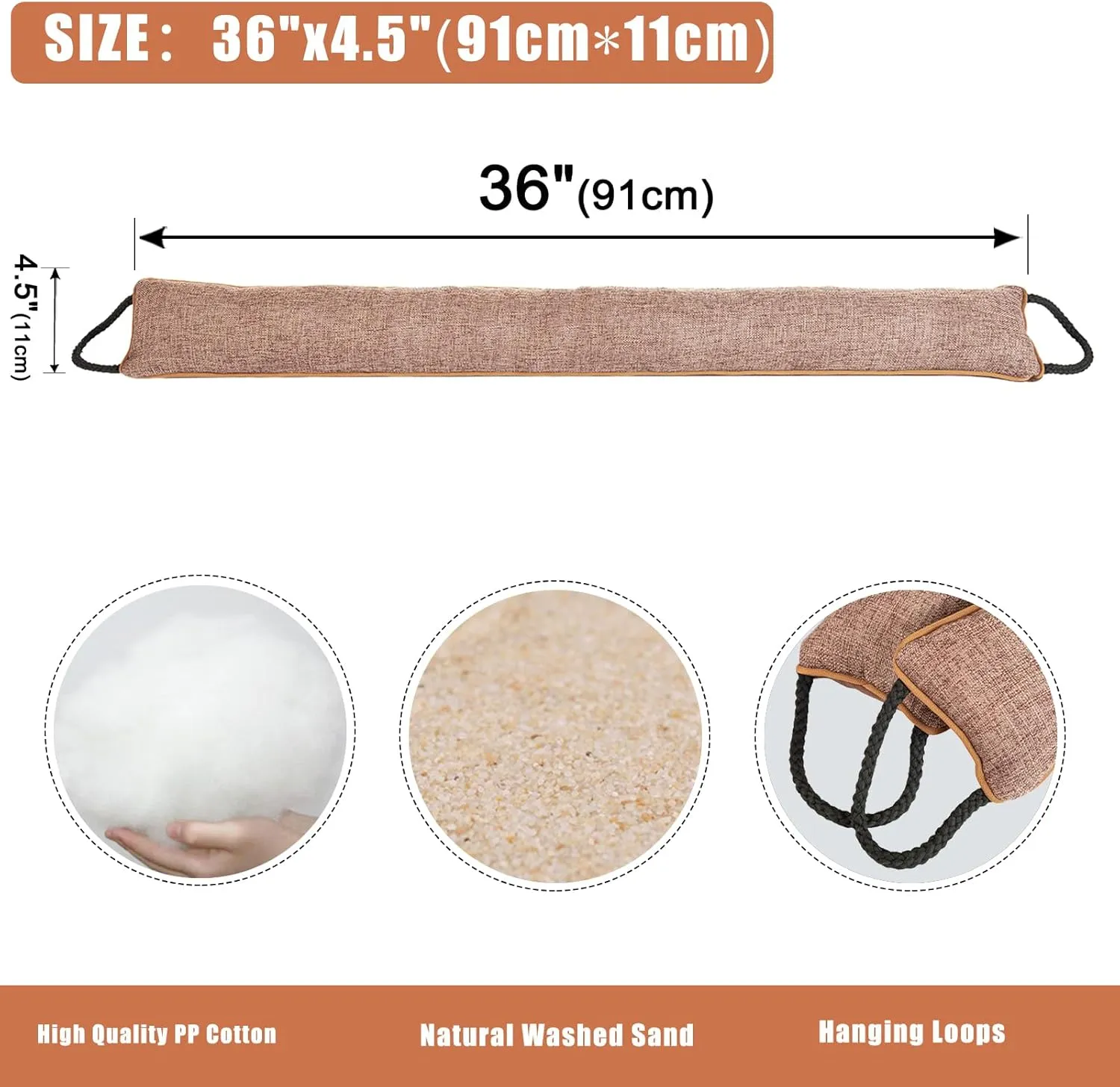 Marwood Under Door Draft Stopper 36 inch Wind Stopper for Door & Window, Weighted French Air Draft Stopper Front Door Snake Noise Blocker for Bottom of Door with Hanging Loops - Brown
