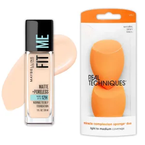 Maybelline Fit Me Matte   Poreless Liquid Foundation and Real Techniques Makeup Sponge Bundle, Includes 1 Foundation in Fair Ivory and 2 Miracle Complexion Makeup Sponges