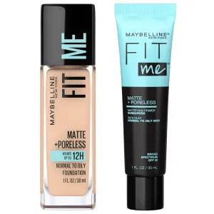 Maybelline Fit Me Matte   Poreless Liquid Foundation   Fit Me Mattifying Primer Makeup Bundle, Includes 1 Foundation in Creamy Beige and 1 Primer