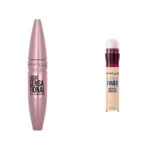 Maybelline Lash Sensational Washable Mascara, Lengthening and Volumizing & Instant Age Rewind Eraser Dark Circles Treatment Multi-Use Concealer, 100, 1 Count