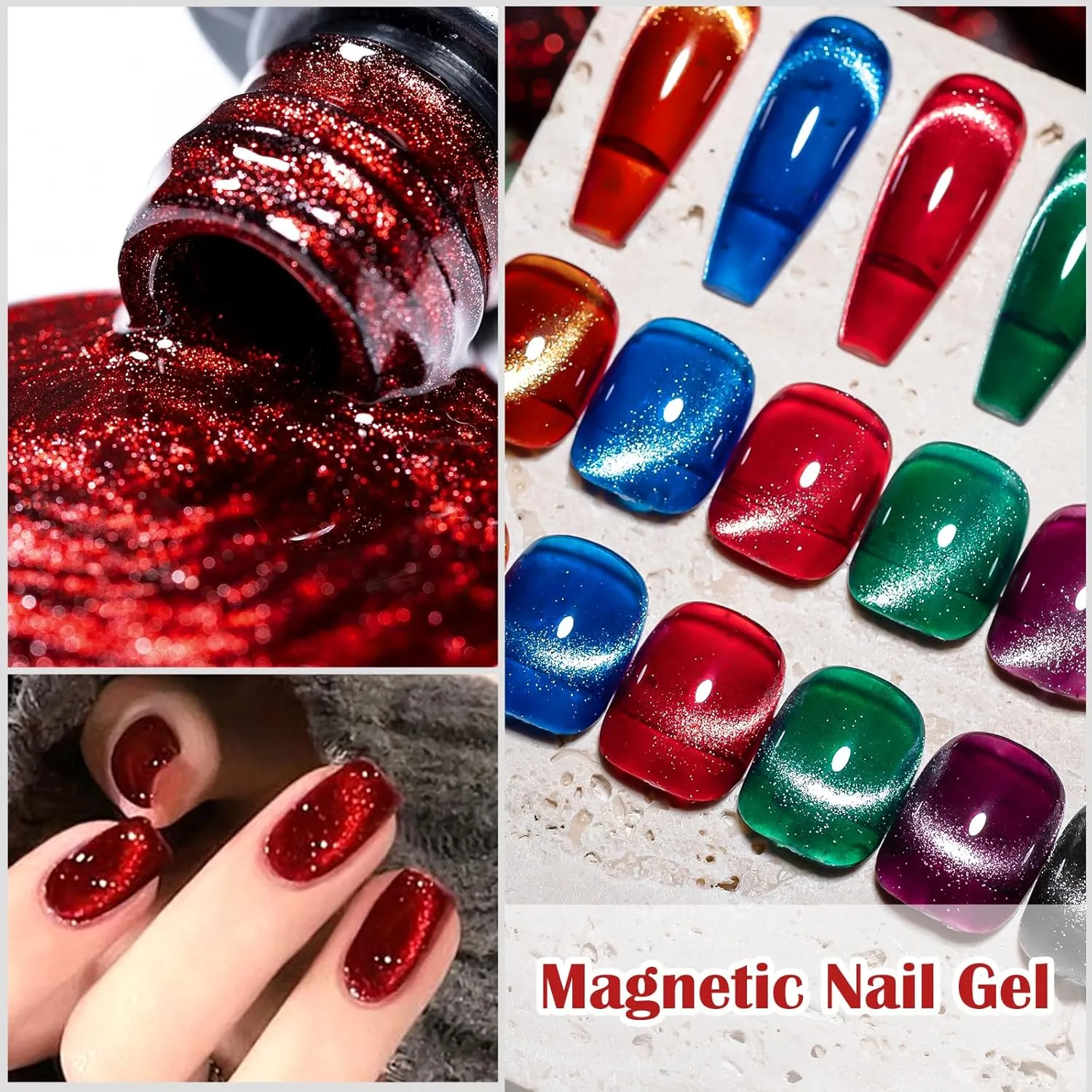MEET ACROSS Cat Eye Gel Nail Polish 8Pcs, Ceramic Magnetic Gel Polish Set with base top coat and Magnet, Crystal Shimmer Brown Green Purple Colors Nail Gel Soak Off Nail Art Salon Home Gift for Women