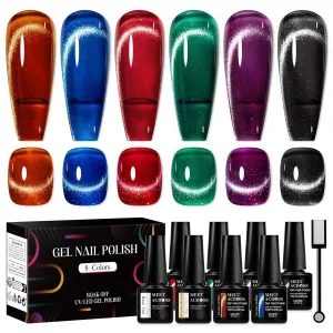 MEET ACROSS Cat Eye Gel Nail Polish 8Pcs, Ceramic Magnetic Gel Polish Set with base top coat and Magnet, Crystal Shimmer Brown Green Purple Colors Nail Gel Soak Off Nail Art Salon Home Gift for Women