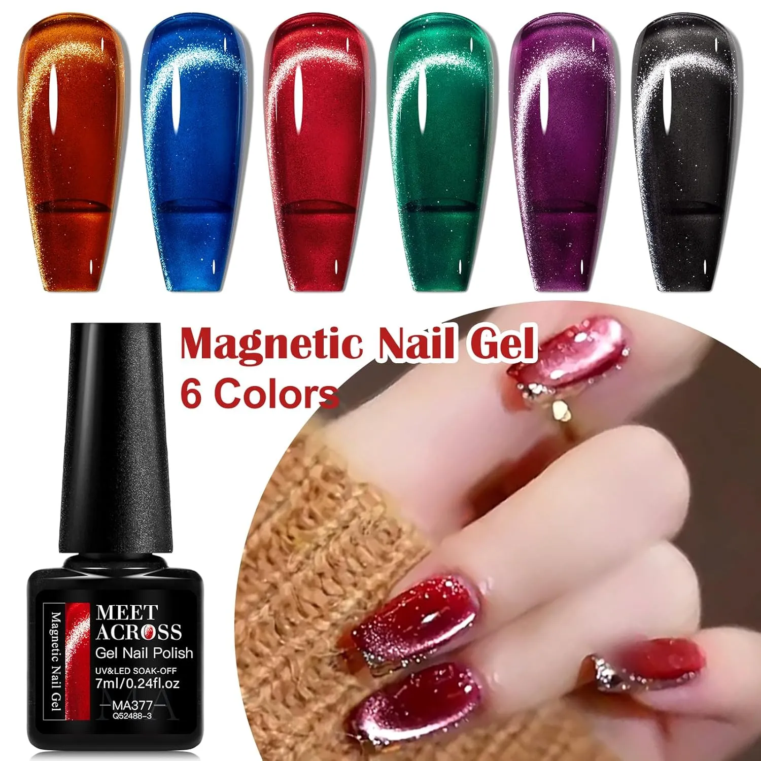MEET ACROSS Cat Eye Gel Nail Polish 8Pcs, Ceramic Magnetic Gel Polish Set with base top coat and Magnet, Crystal Shimmer Brown Green Purple Colors Nail Gel Soak Off Nail Art Salon Home Gift for Women