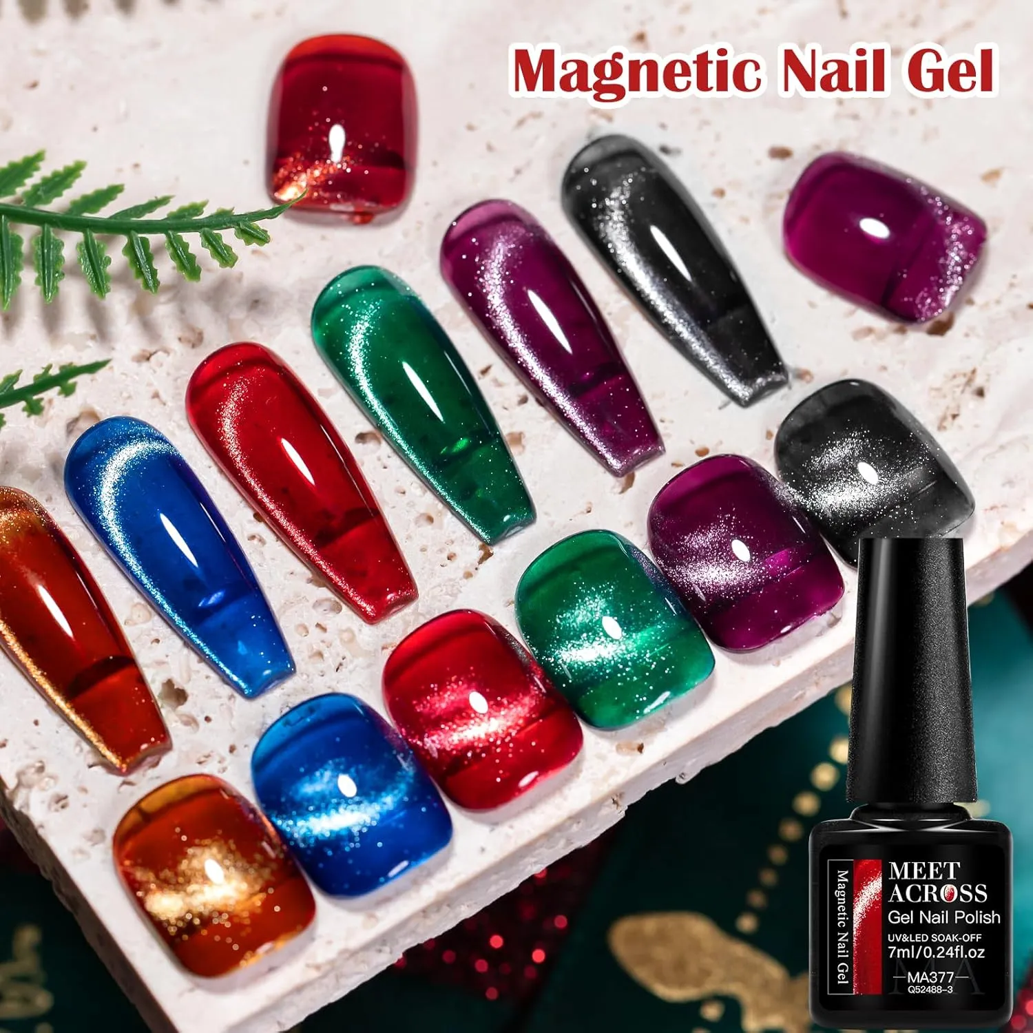 MEET ACROSS Cat Eye Gel Nail Polish 8Pcs, Ceramic Magnetic Gel Polish Set with base top coat and Magnet, Crystal Shimmer Brown Green Purple Colors Nail Gel Soak Off Nail Art Salon Home Gift for Women