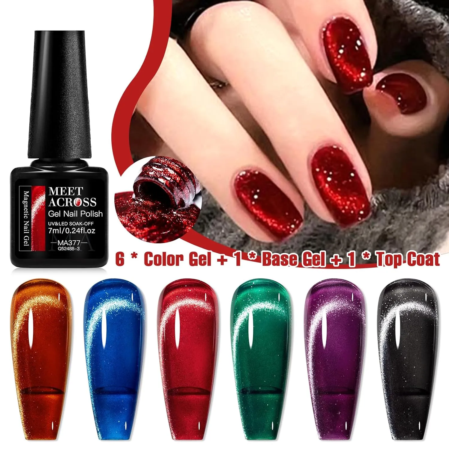 MEET ACROSS Cat Eye Gel Nail Polish 8Pcs, Ceramic Magnetic Gel Polish Set with base top coat and Magnet, Crystal Shimmer Brown Green Purple Colors Nail Gel Soak Off Nail Art Salon Home Gift for Women