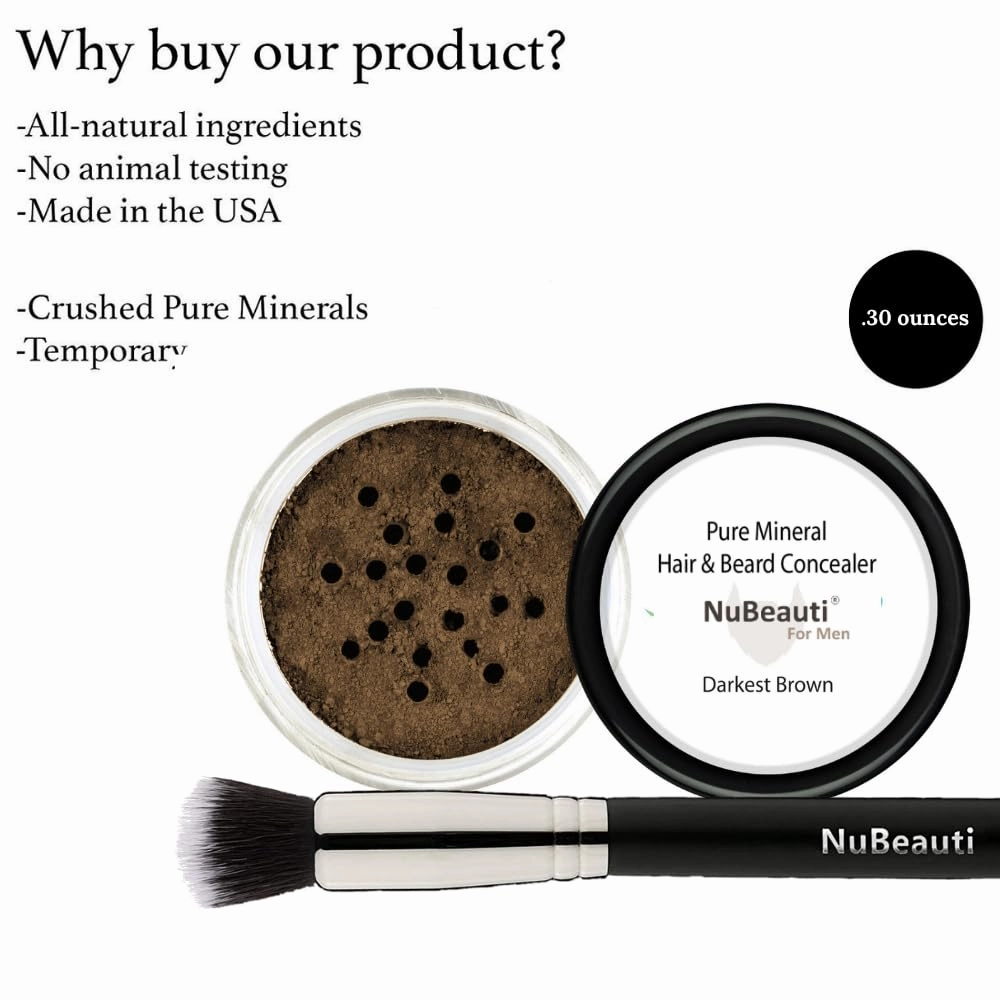 Men’s Beard, Mustache & Hair Root Touch Up Powder – Bald Spot Cover Powder – No Fragrance, Talc or Parabens – Hair Cover Hairline Powder by NuBeauti (Darkest Brown, With Brush)