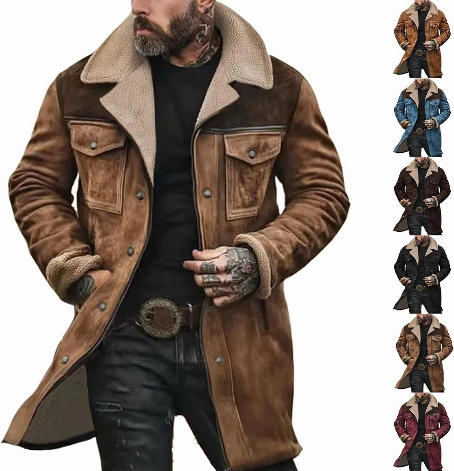 Men's Vintage Suede Jackets Fashion Plush Collar Western Cowboy Coats Distressed Faux Leather Motorcycle Jackets