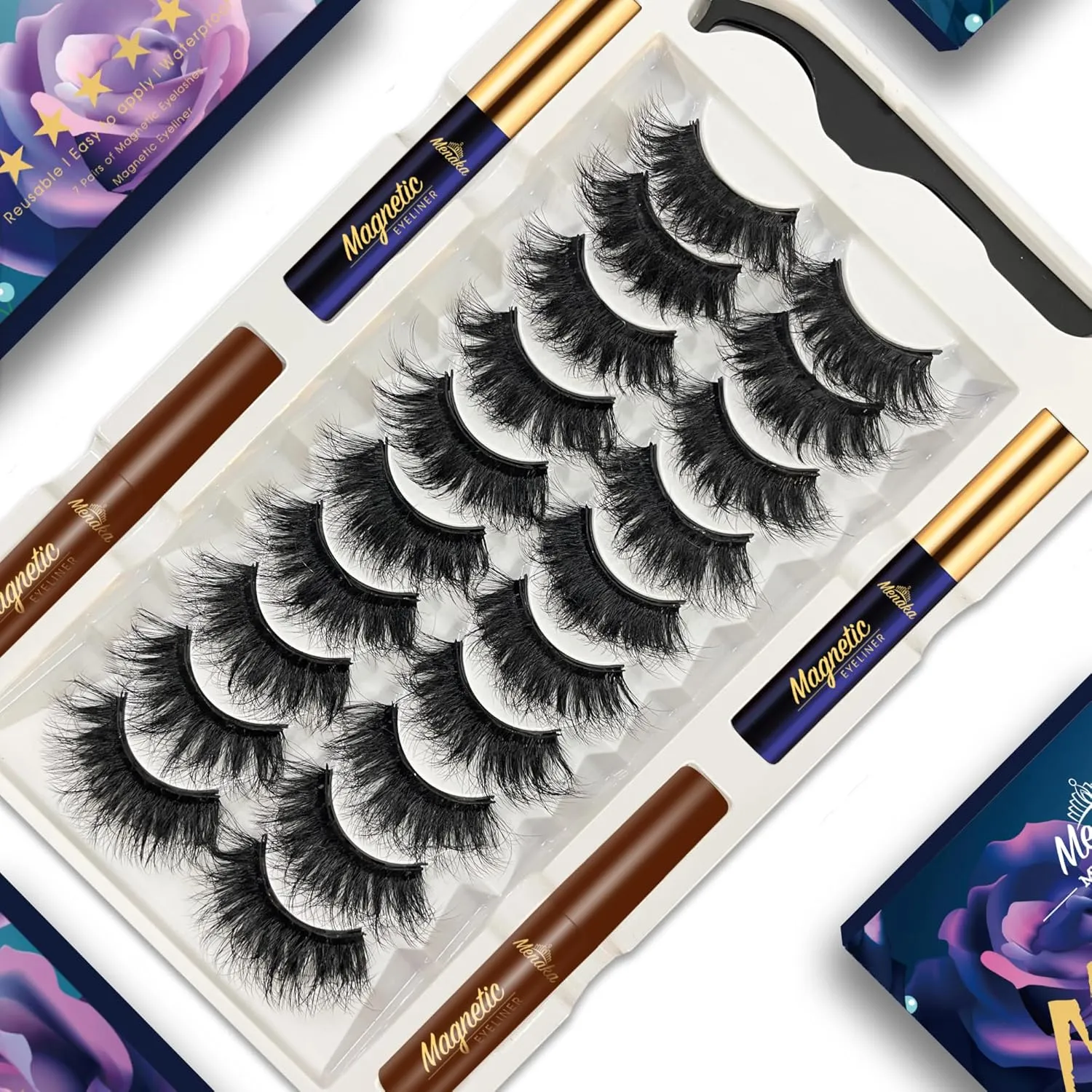 MENAKA Magnetic Eyelashes with Eyeliner Kit - Faux Mink Eyelashes Fluffy Full False Lashes,10 Pairs 3D Reusable 5 Magnet False Eyelashes with Applicator Easy to Apply（2 black 2 brown)