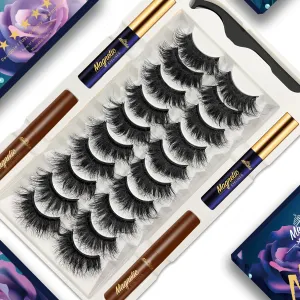 MENAKA Magnetic Eyelashes with Eyeliner Kit - Faux Mink Eyelashes Fluffy Full False Lashes,10 Pairs 3D Reusable 5 Magnet False Eyelashes with Applicator Easy to Apply（2 black 2 brown)