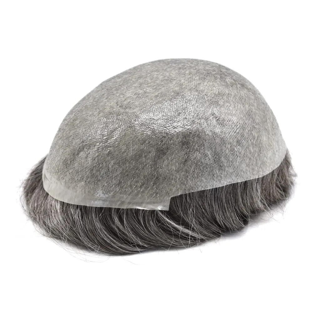 Mens Toupee with Human Hair 0.06-0.08mm Natural Thin Skin Base Size 8x10 inch Human Hair Pieces Replacement System for Men (8X10"-90% Light Denisty, 1B40# Natural Black With 40% Gray)