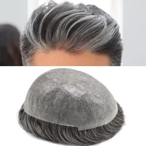 Mens Toupee with Human Hair 0.06-0.08mm Natural Thin Skin Base Size 8x10 inch Human Hair Pieces Replacement System for Men (8X10"-90% Light Denisty, 1B40# Natural Black With 40% Gray)