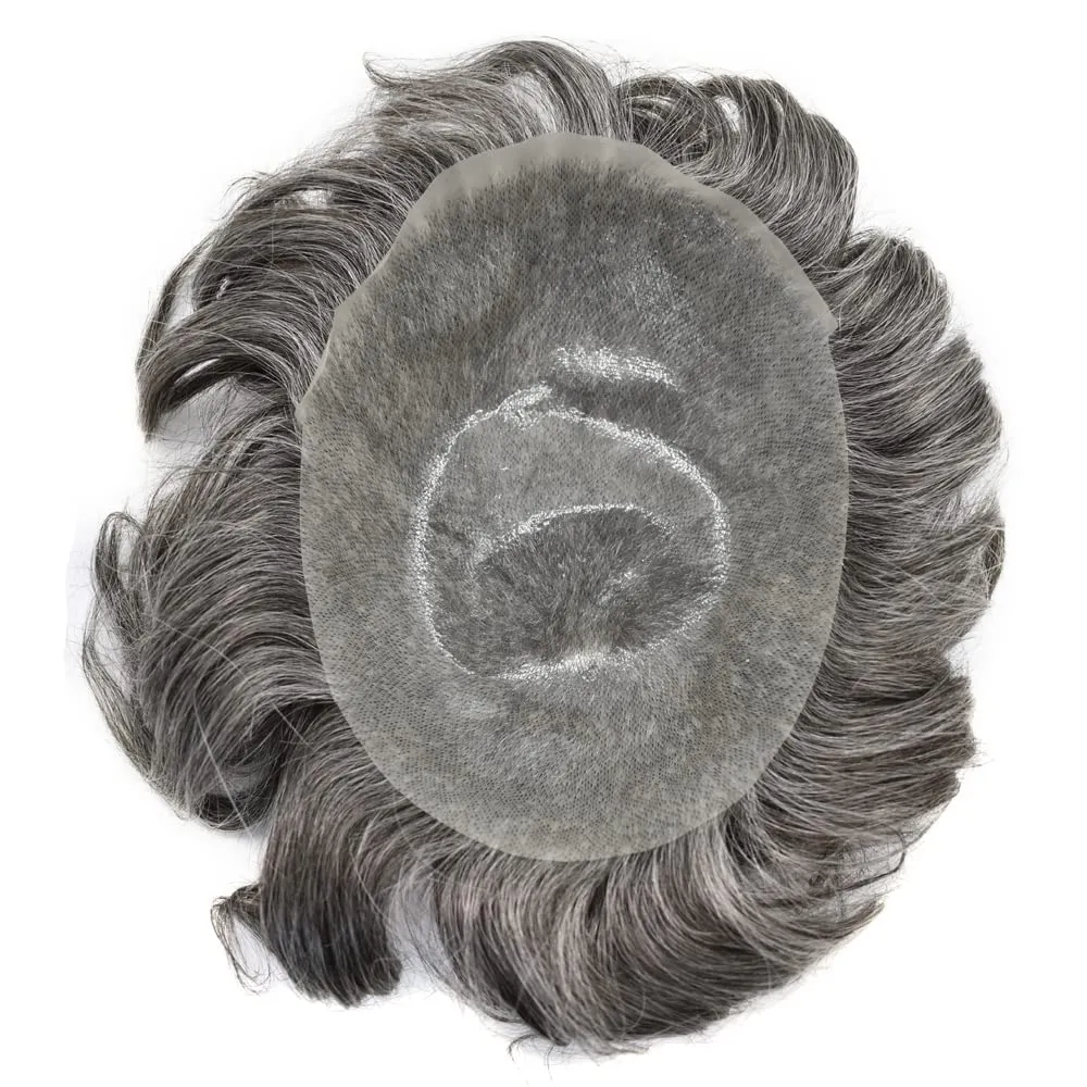 Mens Toupee with Human Hair 0.06-0.08mm Natural Thin Skin Base Size 8x10 inch Human Hair Pieces Replacement System for Men (8X10"-90% Light Denisty, 1B40# Natural Black With 40% Gray)