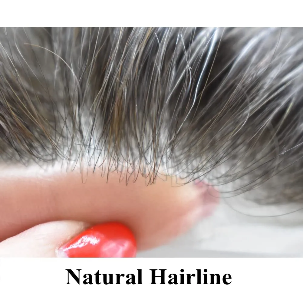 Mens Toupee with Human Hair 0.06-0.08mm Natural Thin Skin Base Size 8x10 inch Human Hair Pieces Replacement System for Men (8X10"-90% Light Denisty, 1B40# Natural Black With 40% Gray)
