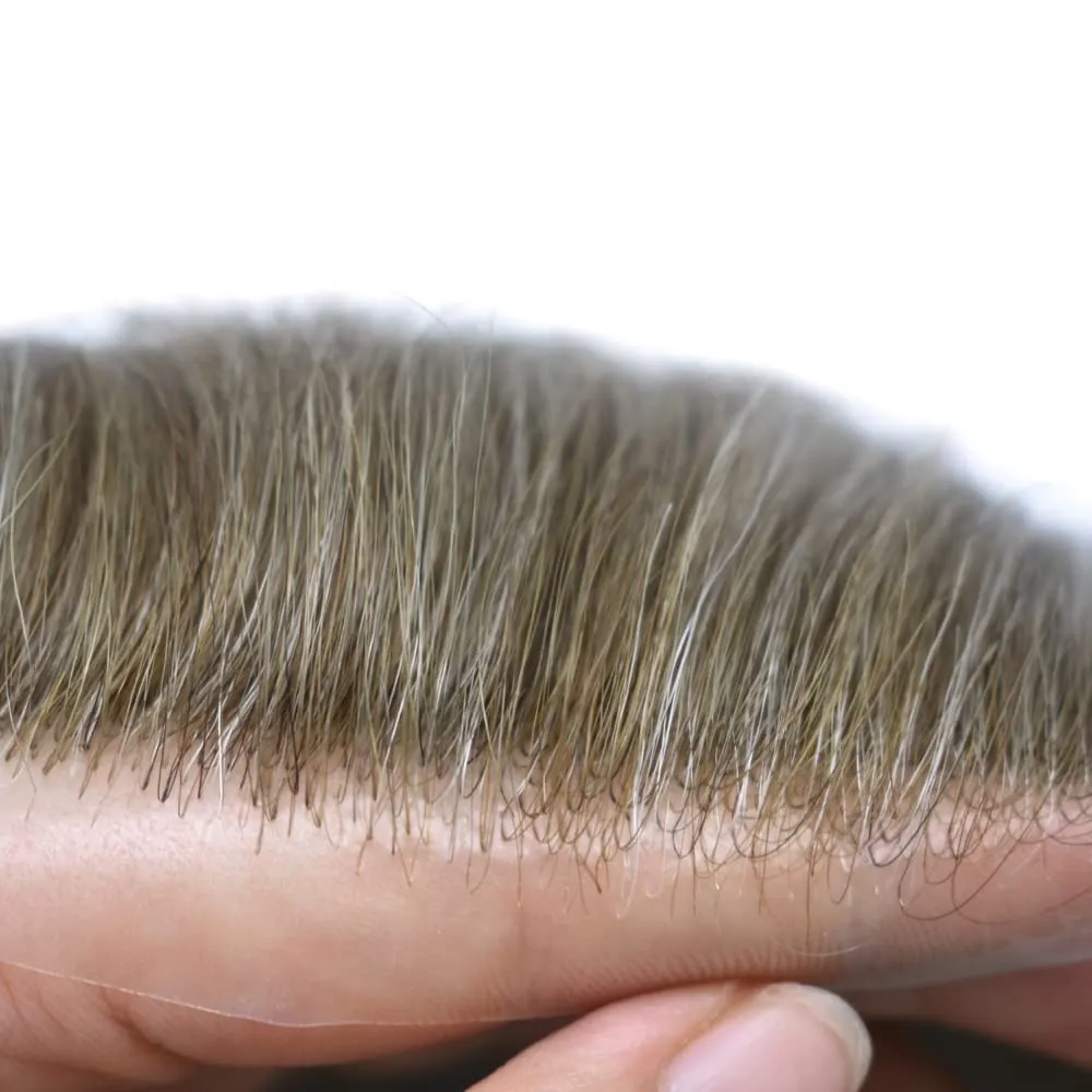 Mens Toupee with Human Hair System 0.06mm Natural Thin Skin Toupee for Men 8x10 inch Human Hair Replacement Hairpieces for Men (8X10-90% Light Density, 630# Light Brown WIth 30% Gray)