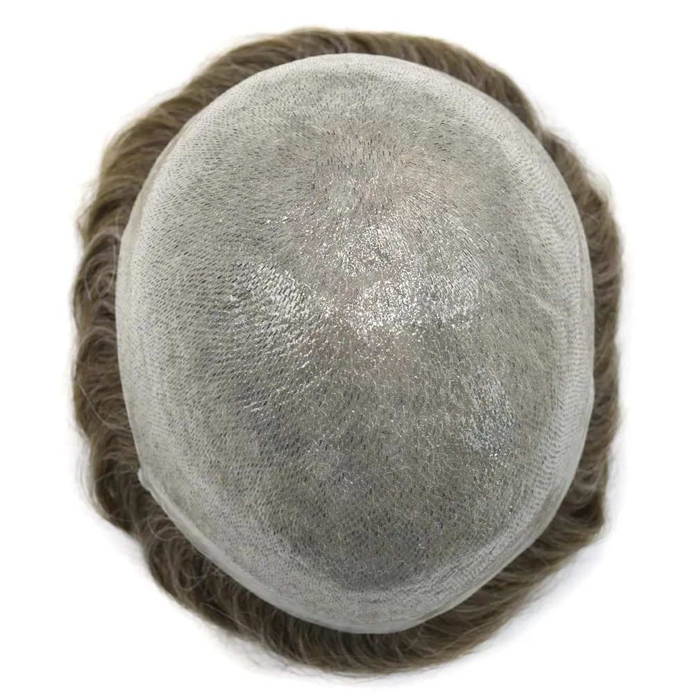 Mens Toupee with Human Hair System 0.06mm Natural Thin Skin Toupee for Men 8x10 inch Human Hair Replacement Hairpieces for Men (8X10-90% Light Density, 630# Light Brown WIth 30% Gray)
