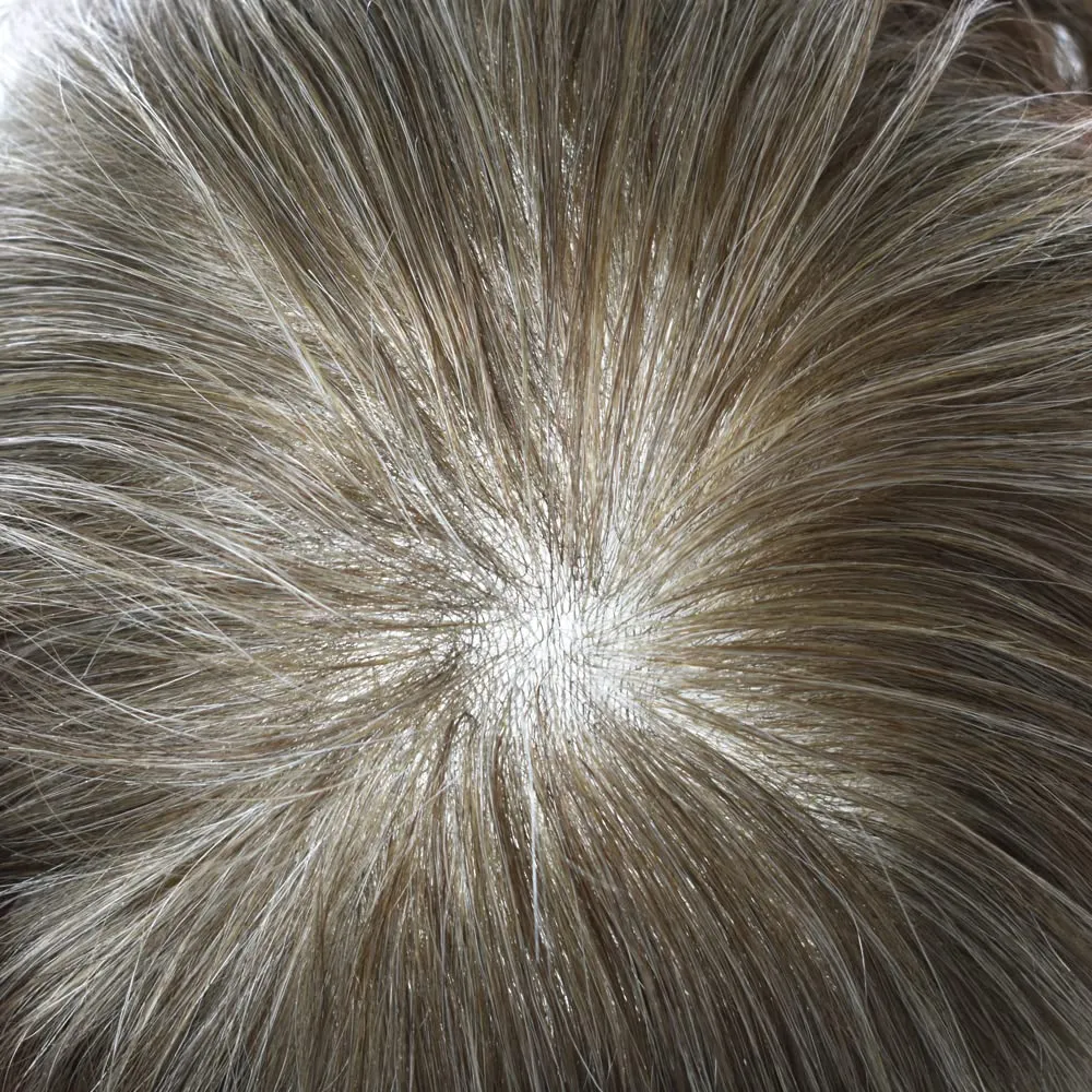 Mens Toupee with Human Hair System 0.06mm Natural Thin Skin Toupee for Men 8x10 inch Human Hair Replacement Hairpieces for Men (8X10-90% Light Density, 630# Light Brown WIth 30% Gray)